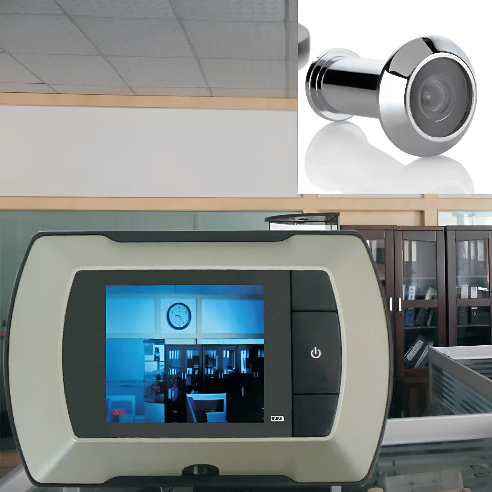 LCD digital door peephole monitor and outdoor camera unit for wireless home security viewing.