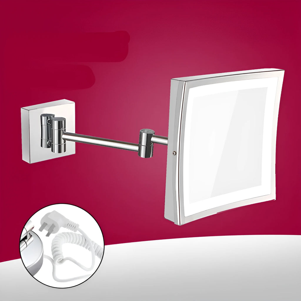Stainless steel folding bathroom makeup mirror measuring 8.5 inches square in a choice of four finishes.