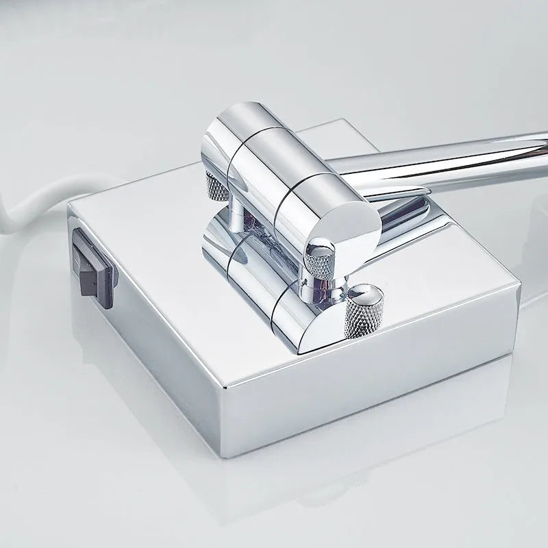 Stainless steel folding bathroom makeup mirror measuring 8.5 inches square in a choice of four finishes.