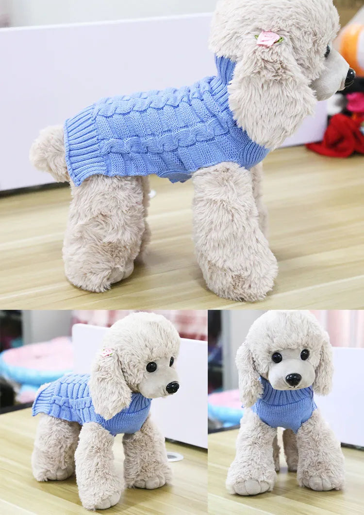Wool knit dog sweater shown in a red colour with thin red lines, sized for a small dog.