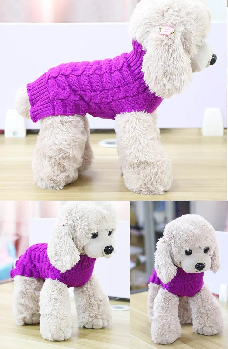 Wool knit dog sweater shown in a red colour with thin red lines, sized for a small dog.