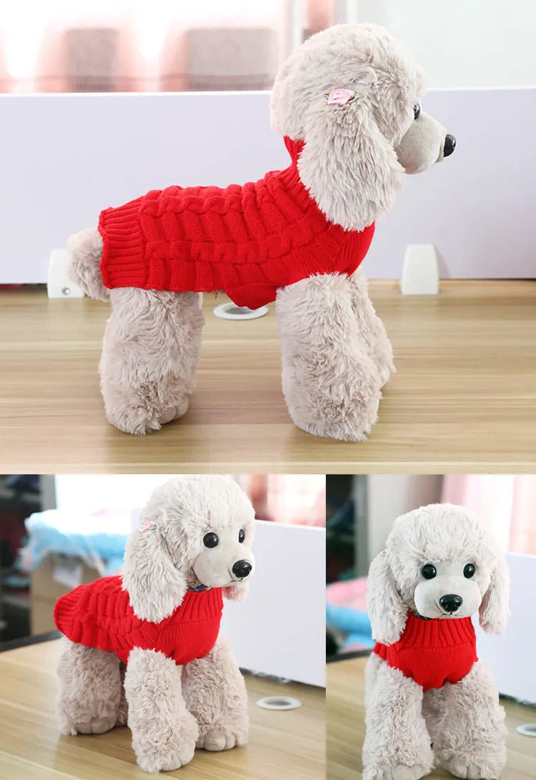 Wool knit dog sweater shown in a red colour with thin red lines, sized for a small dog.