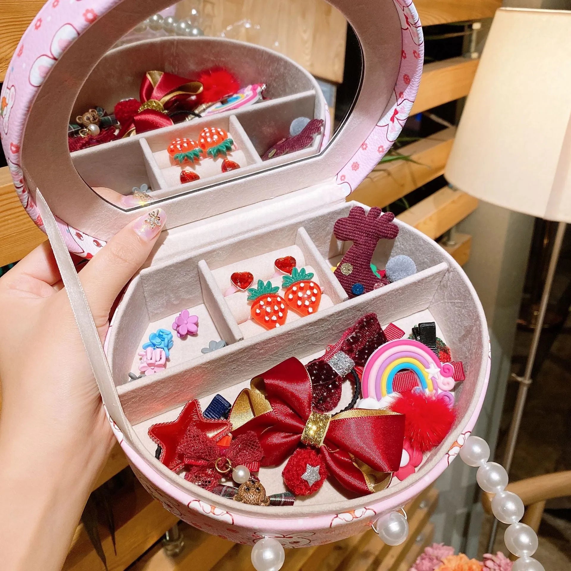Princess headdress hair clip jewellery set with 26 cloth cartoon character pieces in storage box