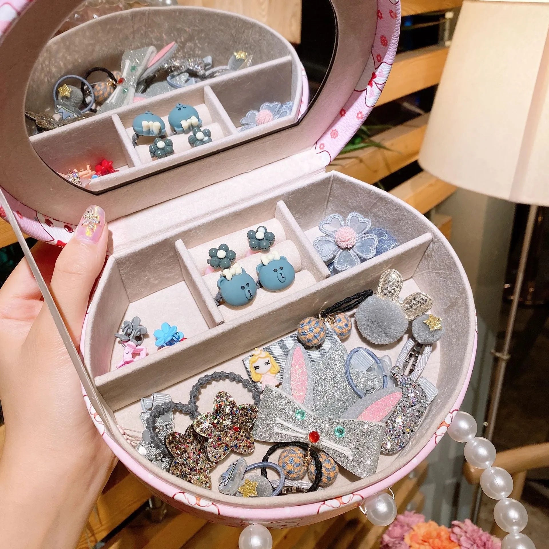 Princess headdress hair clip jewellery set with 26 cloth cartoon character pieces in storage box