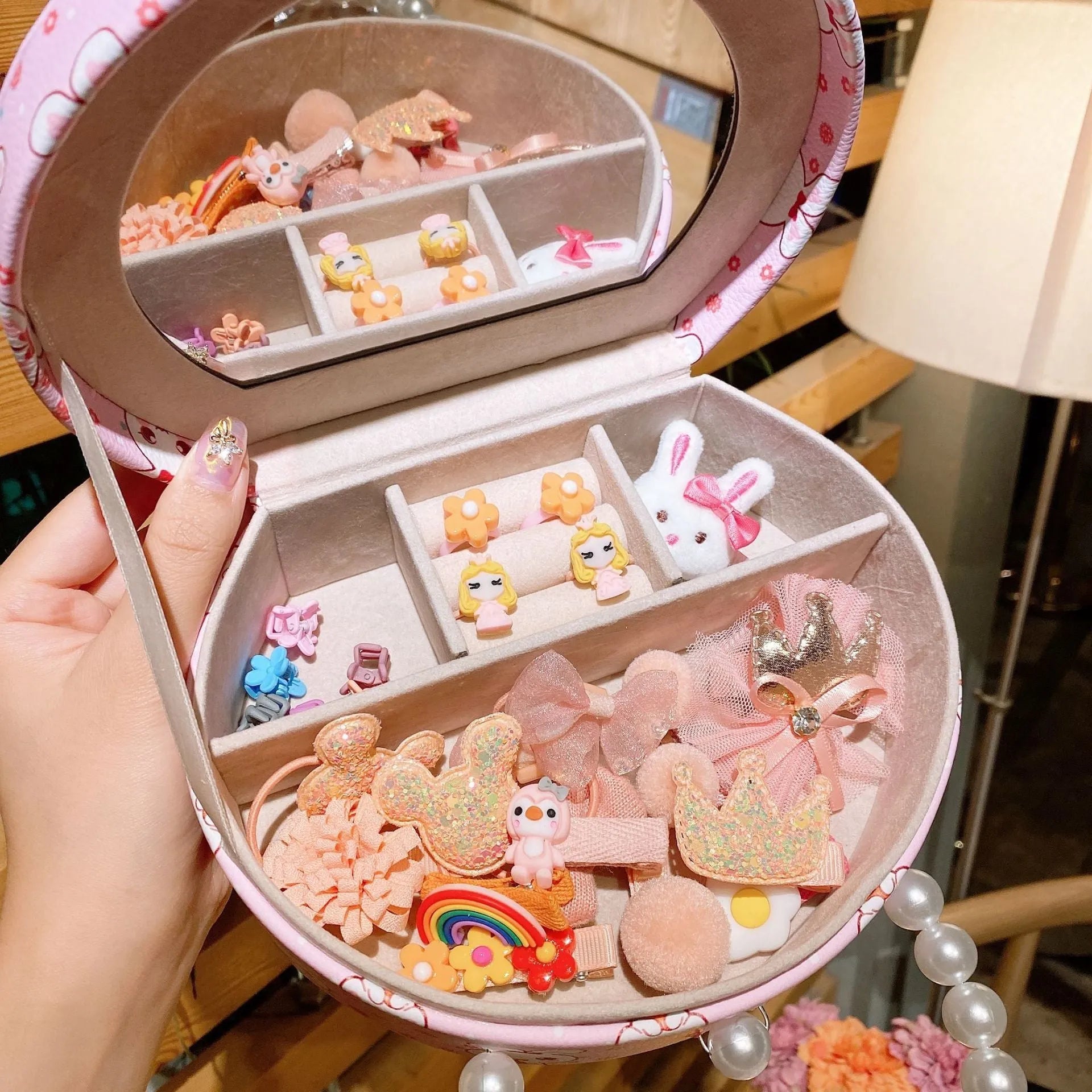 Princess headdress hair clip jewellery set with 26 cloth cartoon character pieces in storage box