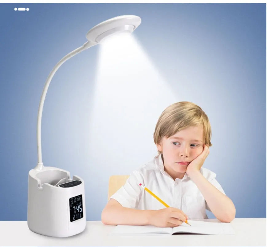 White desk lamp with touch switch for study environments featuring eye protection and USB charging