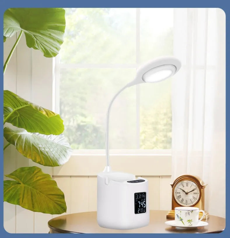 White desk lamp with touch switch for study environments featuring eye protection and USB charging