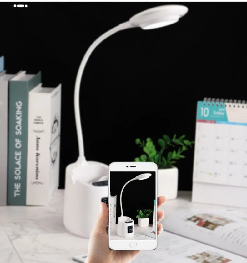 White desk lamp with touch switch for study environments featuring eye protection and USB charging