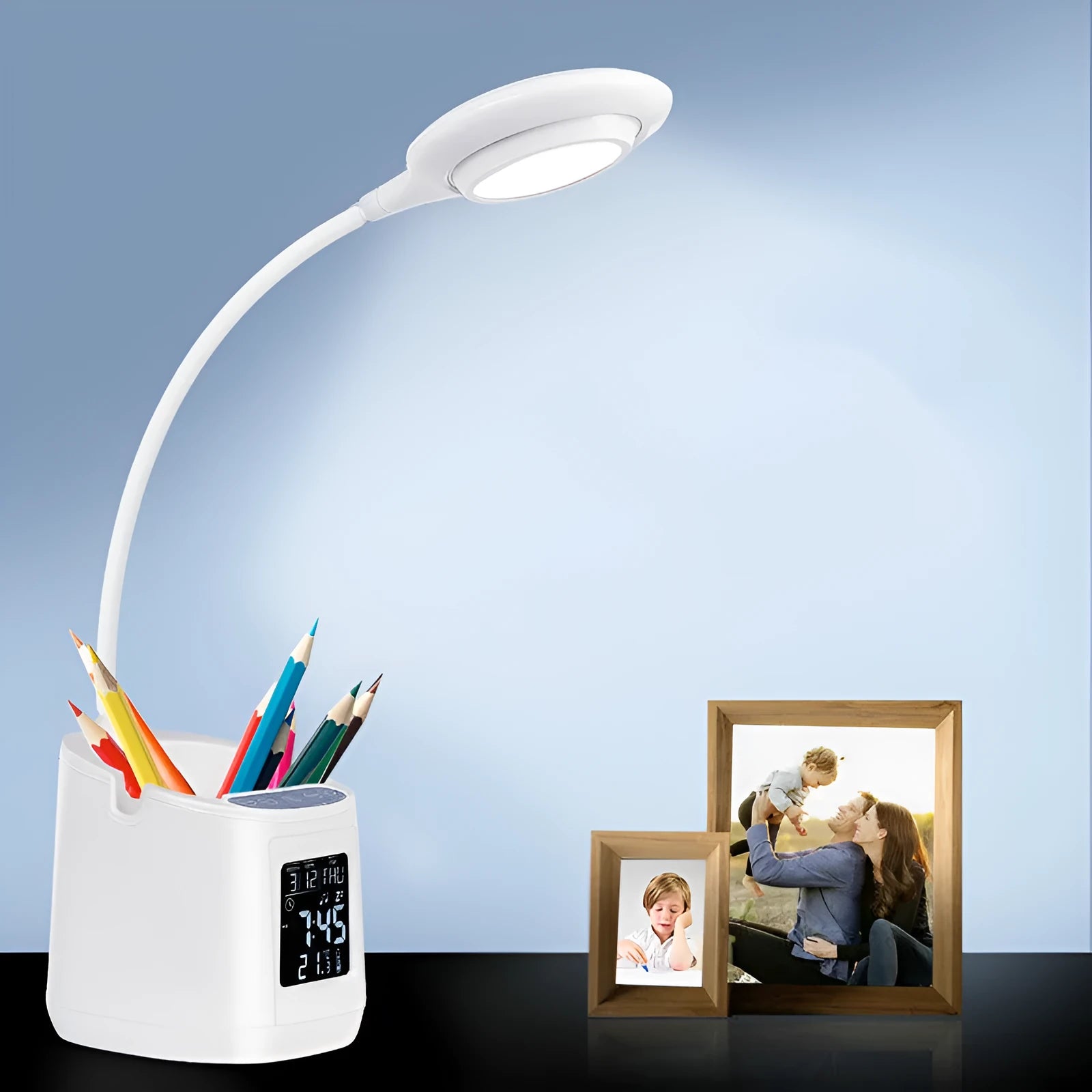 White desk lamp with touch switch for study environments featuring eye protection and USB charging