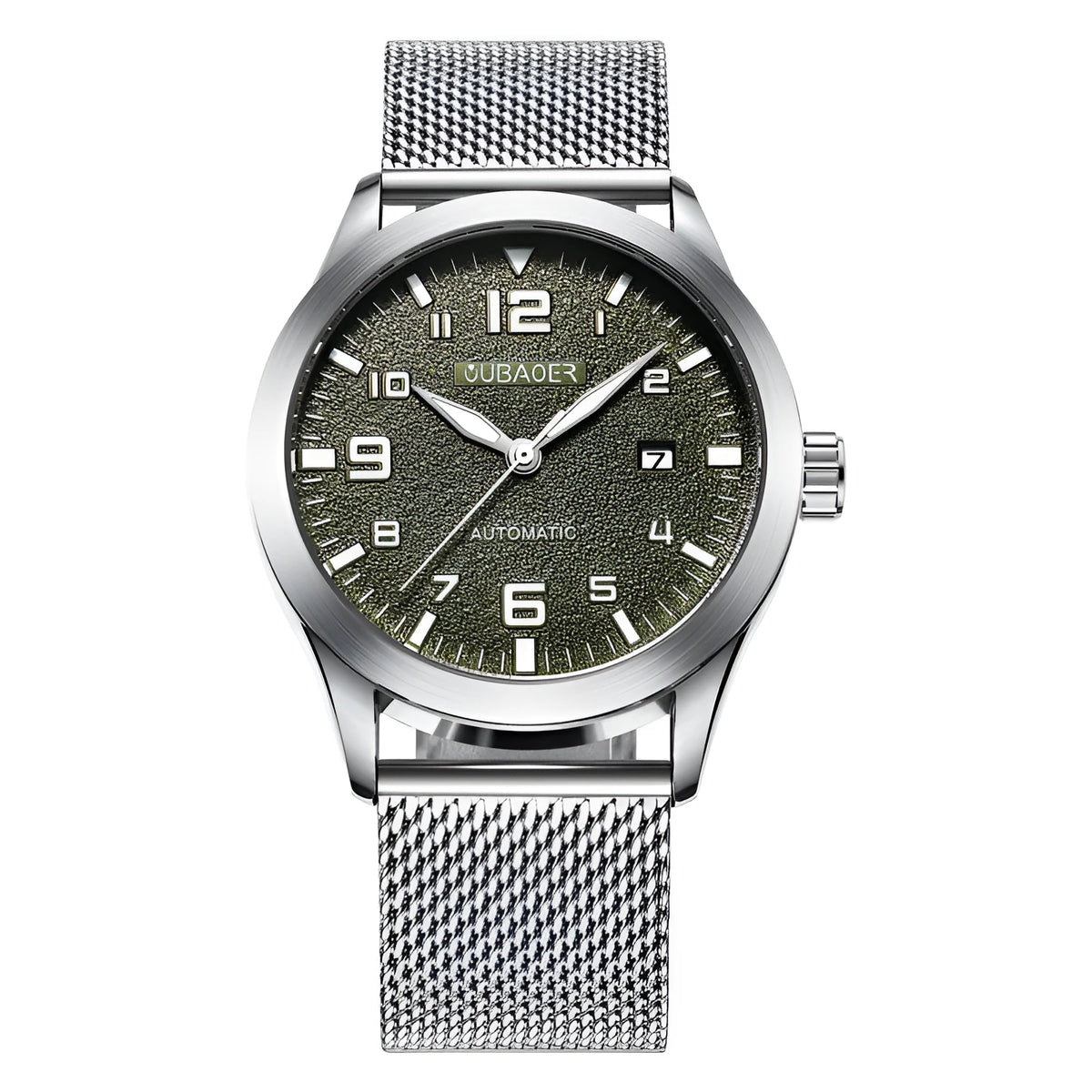 OUBAOER men's automatic mechanical watch with 42mm round dial, stainless steel mesh strap, and 30M water resistance