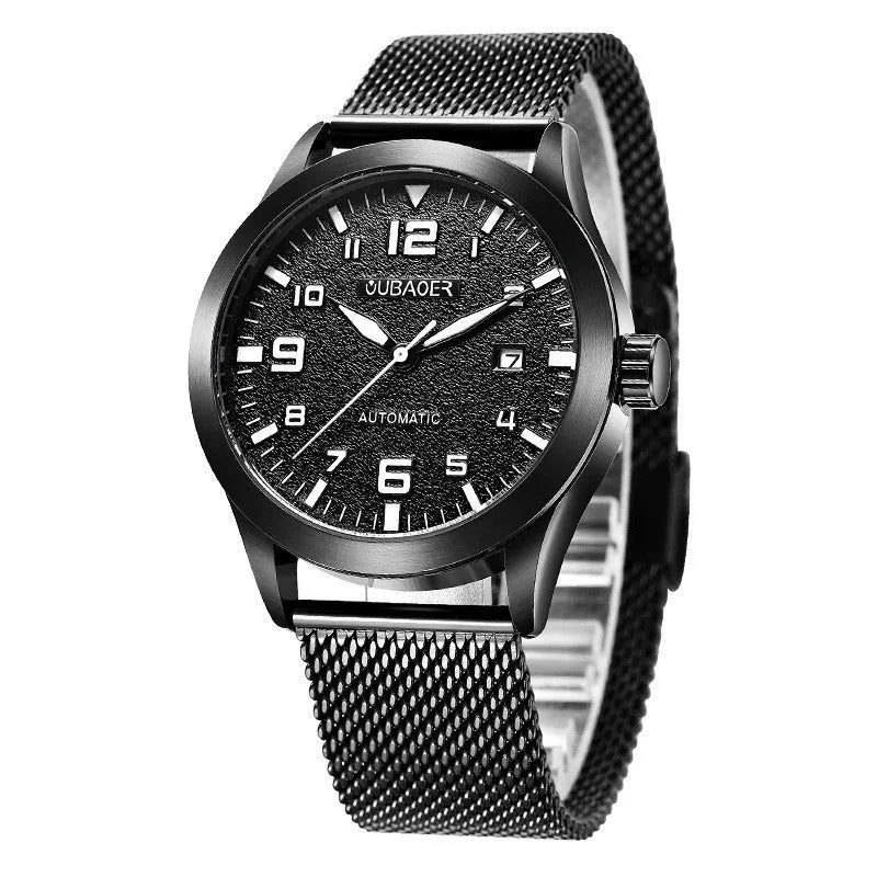 OUBAOER men's automatic mechanical watch with 42mm round dial, stainless steel mesh strap, and 30M water resistance