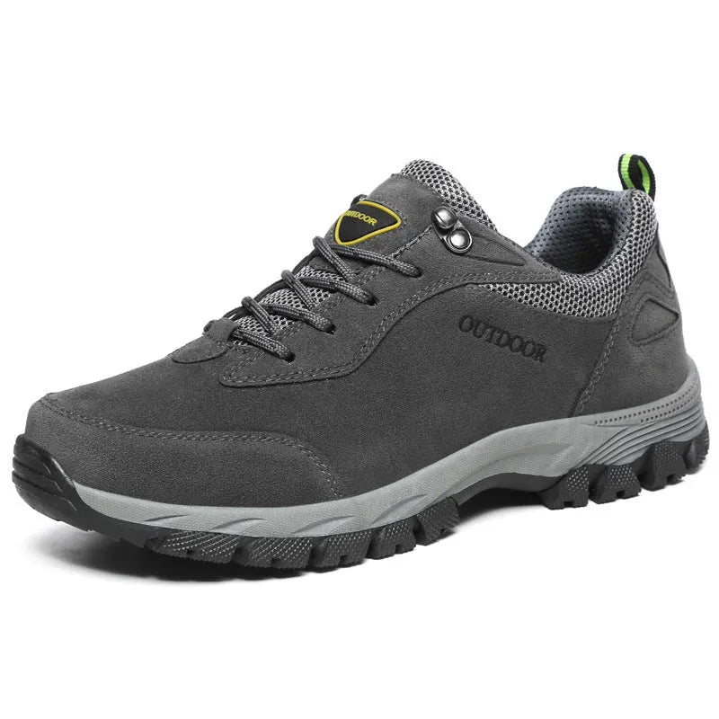 Men's low-cut outdoor hiking shoes in army green with mesh lining, shown in a large size.