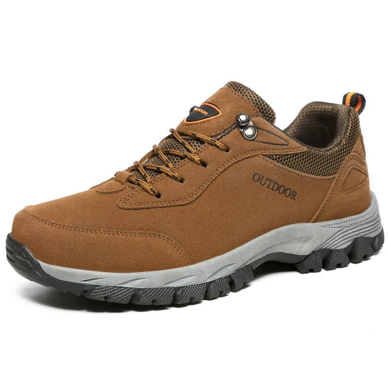 Men's low-cut outdoor hiking shoes in army green with mesh lining, shown in a large size.