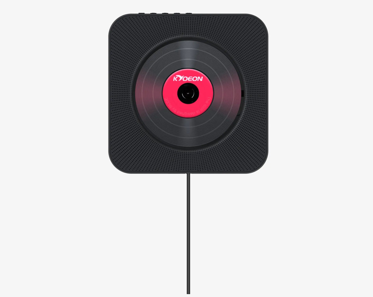 Wall-mounted CD and DVD player in a choice of colours: white, black, blue, or pink.