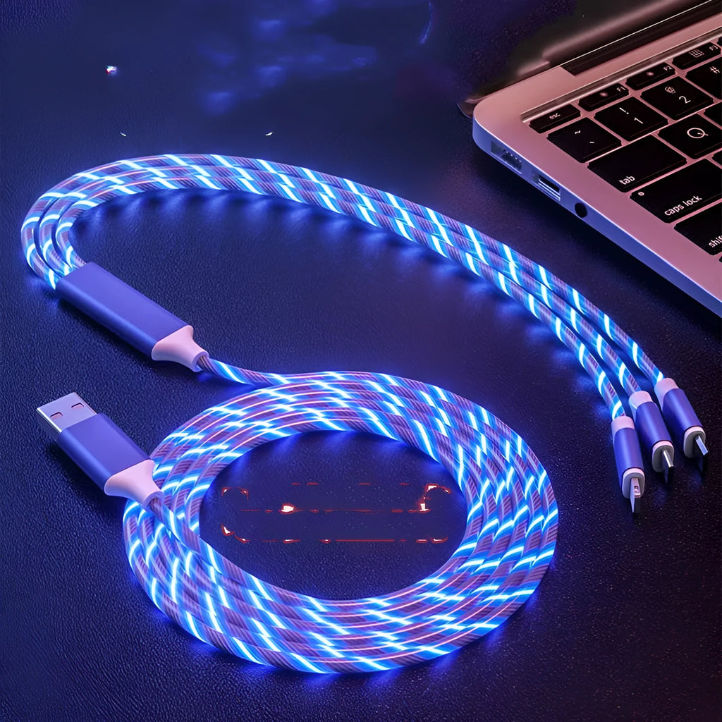 USB streamer data cable with colourful marquee lighting and three branch connectors