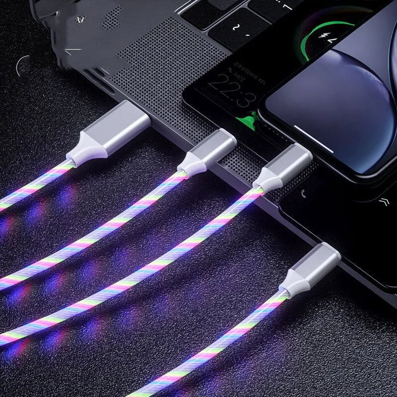 USB streamer data cable with colourful marquee lighting and three branch connectors