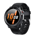 Black or red IP68 waterproof Android smart watch with 1.3-inch round touchscreen and silicone strap.