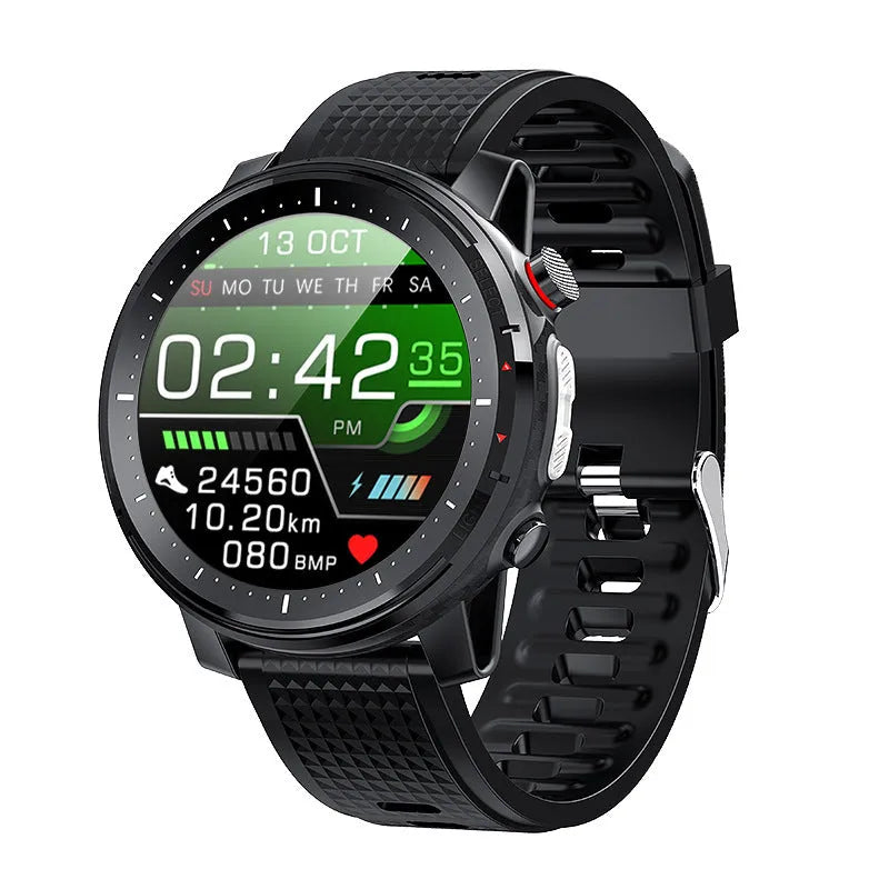 Black or red IP68 waterproof Android smart watch with 1.3-inch round touchscreen and silicone strap.