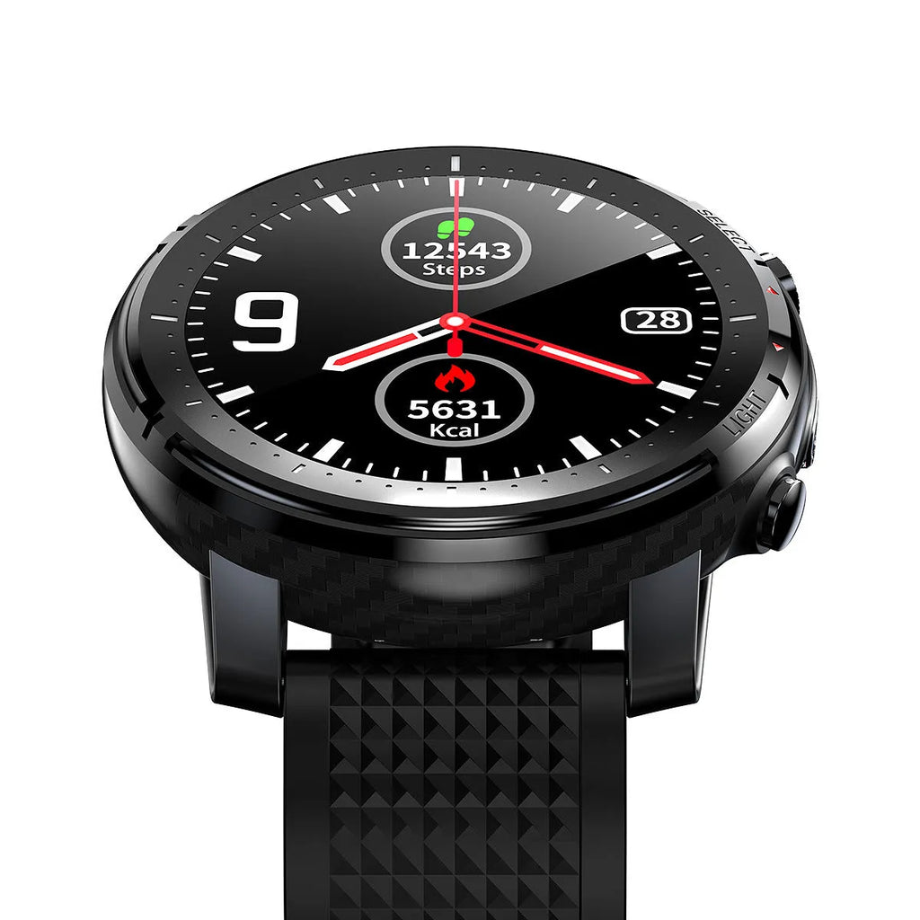 Black or red IP68 waterproof Android smart watch with 1.3-inch round touchscreen and silicone strap.