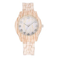 Wood grain retro design quartz watch with silicone strap in beige, brown, grey, red, or white.