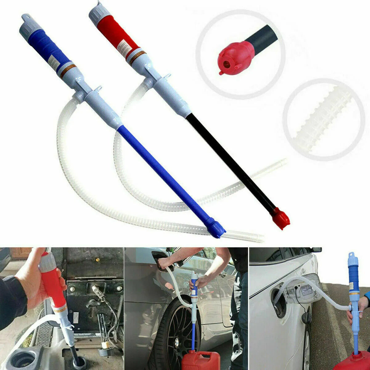 Manual hand-operated siphon pump with blue flexible tubing for transferring gasoline and oil.