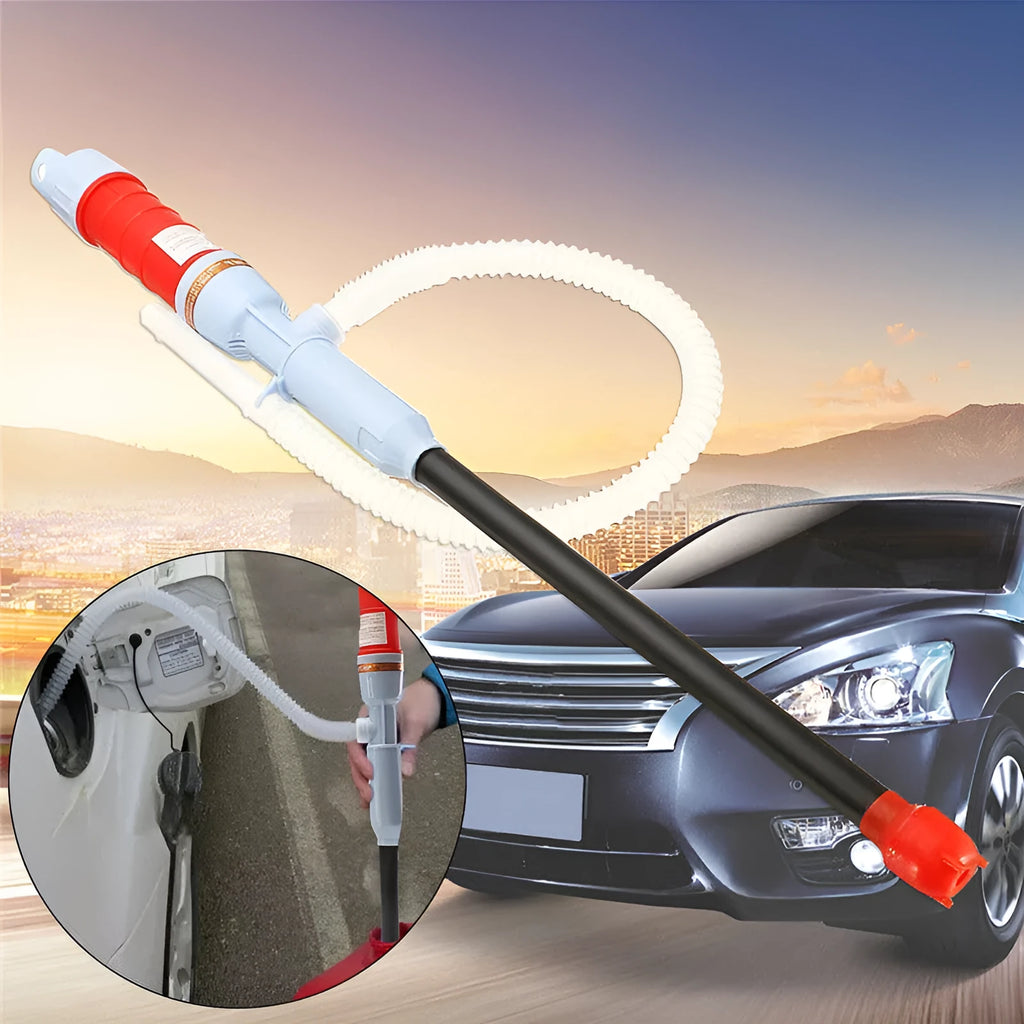 Manual hand-operated siphon pump with blue flexible tubing for transferring gasoline and oil.