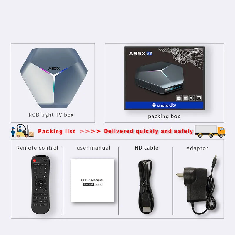 Android 4K TV box set-top box with remote control and cables on a wooden surface.