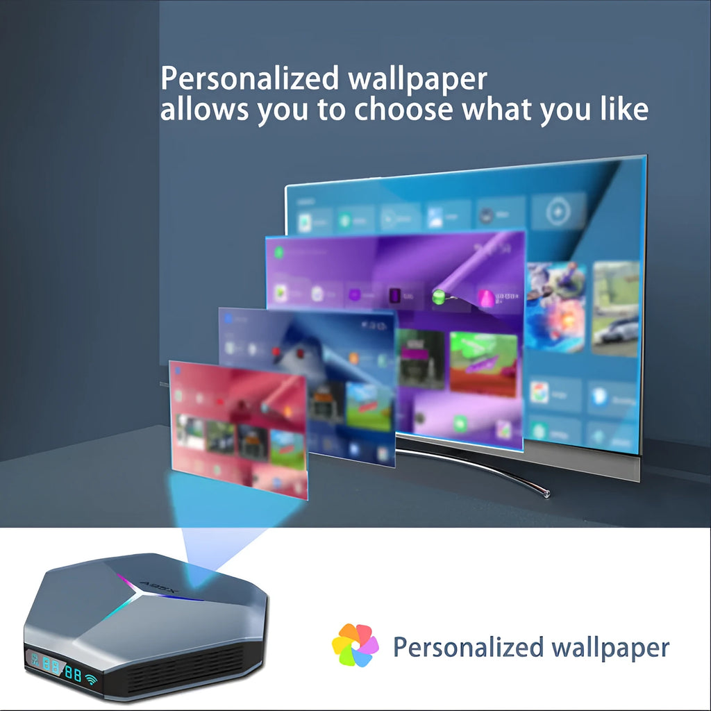 Android 4K TV box set-top box with remote control and cables on a wooden surface.