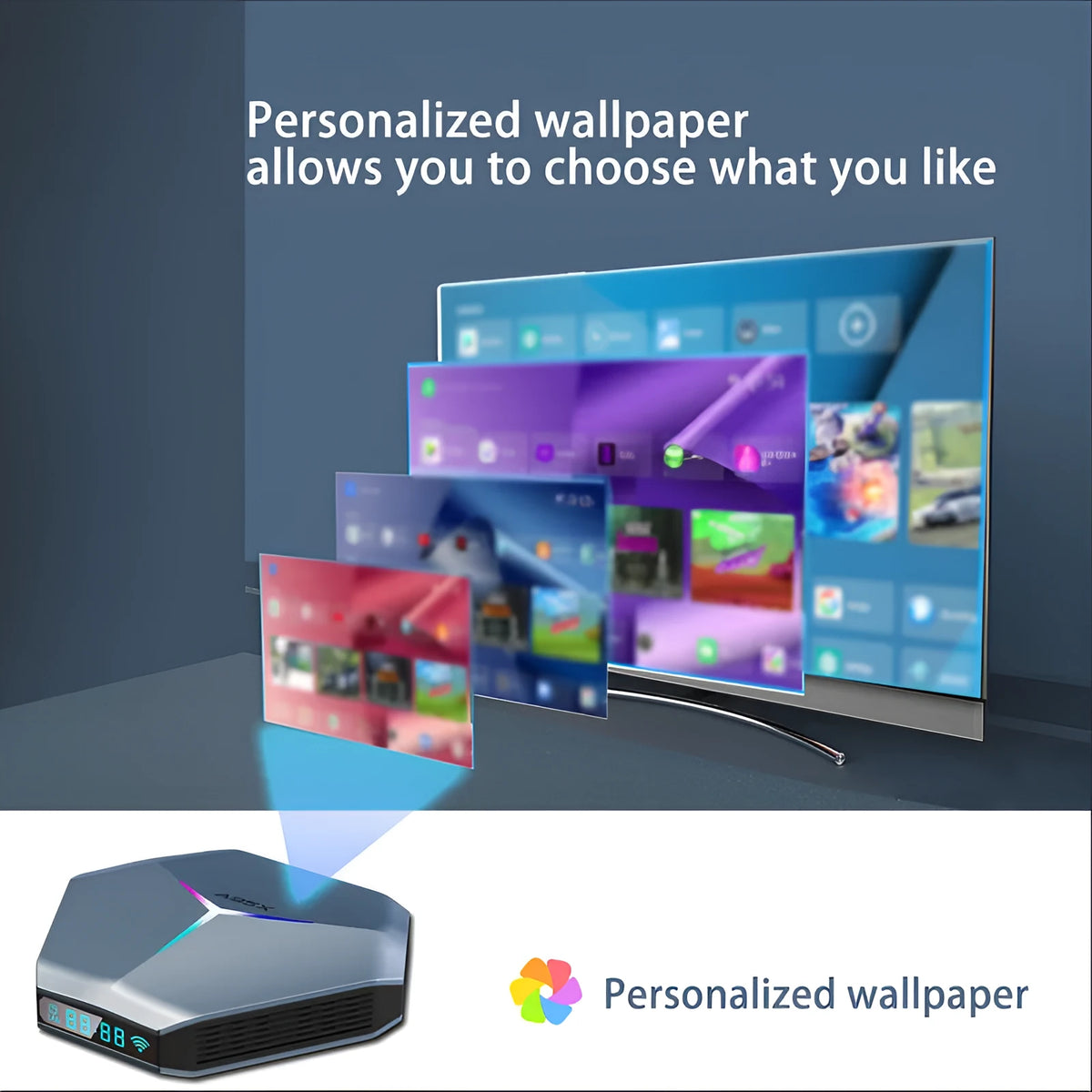 Android 4K TV box set-top box with remote control and cables on a wooden surface.