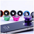 Three-part smartphone lens kit showing fisheye, wide angle, and macro lenses with aluminium housing