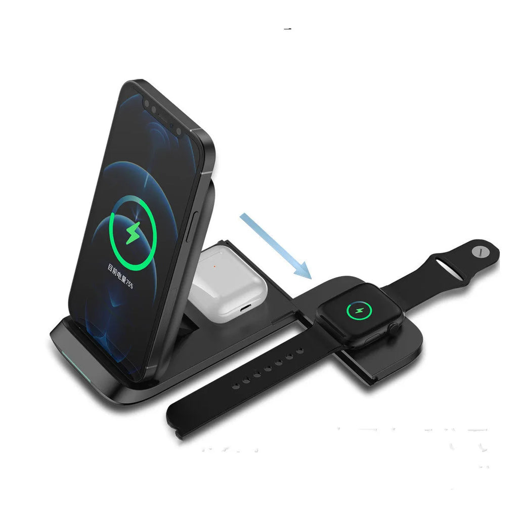 Black foldable wireless charging station showing three devices charging simultaneously