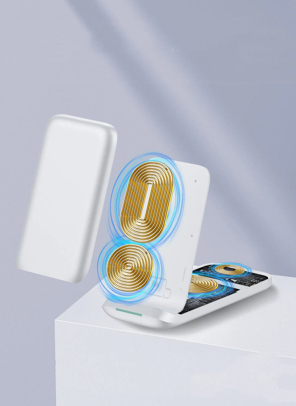 Black foldable wireless charging station showing three devices charging simultaneously