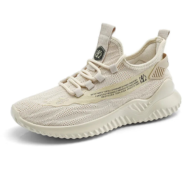 Men's white mesh sports shoes with rubber sole and front tie lacing