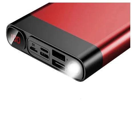 20000mAh power bank with alloy shell, digital display, LED flashlight, black or red, 146x76x24mm