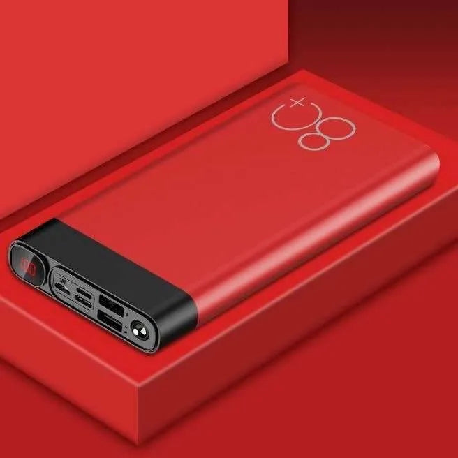 20000mAh power bank with alloy shell, digital display, LED flashlight, black or red, 146x76x24mm