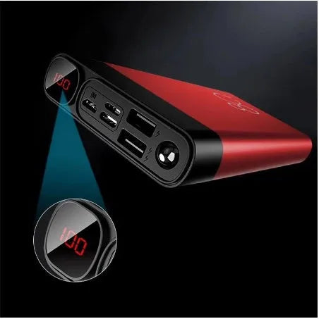 20000mAh power bank with alloy shell, digital display, LED flashlight, black or red, 146x76x24mm
