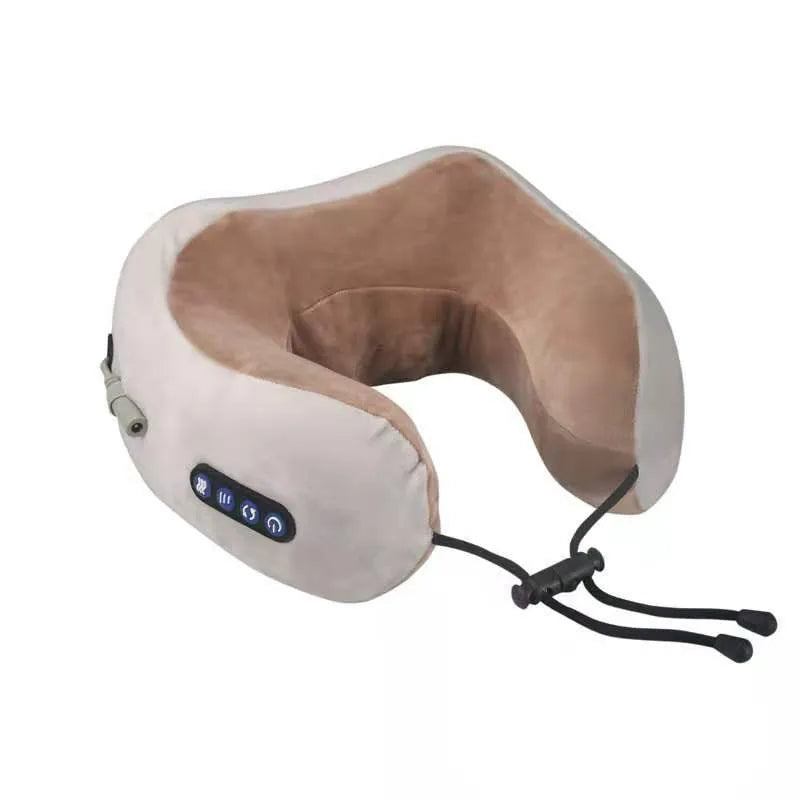 Brown U-shaped electric neck massager with massage heads for shoulder and cervical relaxation