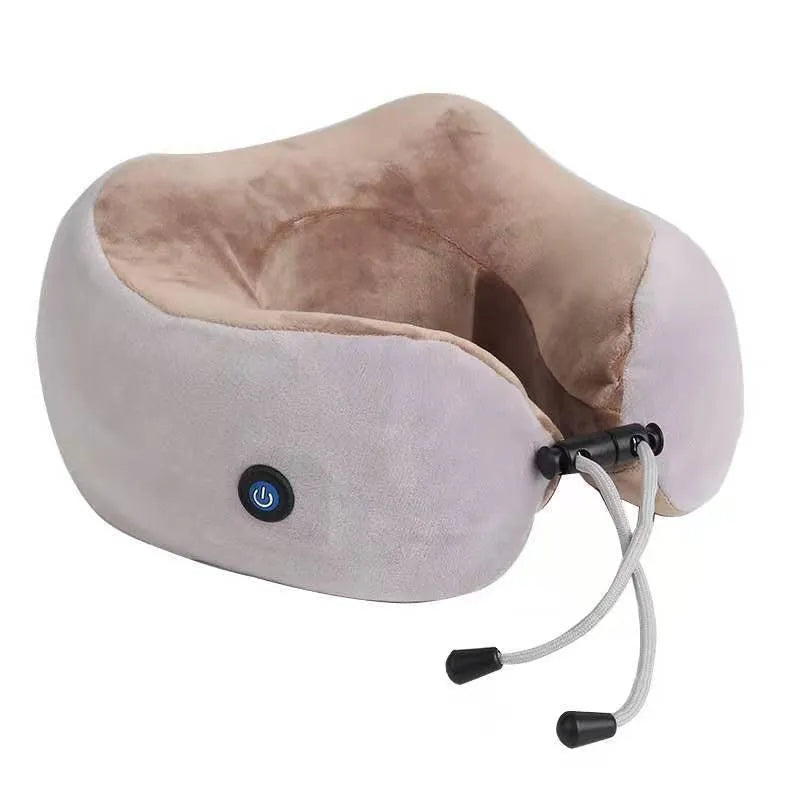 Brown U-shaped electric neck massager with massage heads for shoulder and cervical relaxation