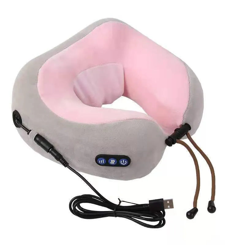 Brown U-shaped electric neck massager with massage heads for shoulder and cervical relaxation