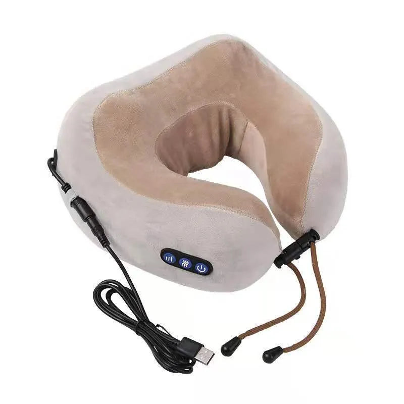 Brown U-shaped electric neck massager with massage heads for shoulder and cervical relaxation
