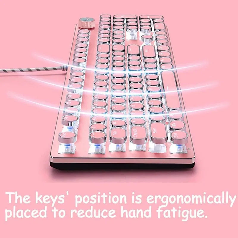 Silver pink mechanical keyboard with green switches and white backlighting