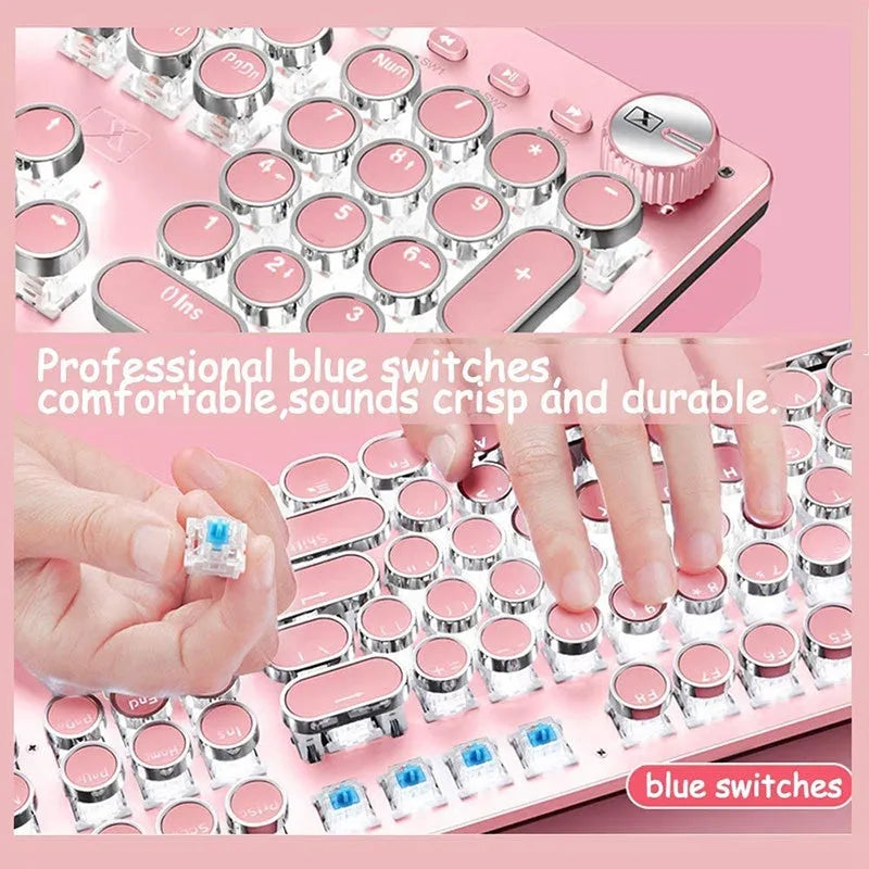 Silver pink mechanical keyboard with green switches and white backlighting