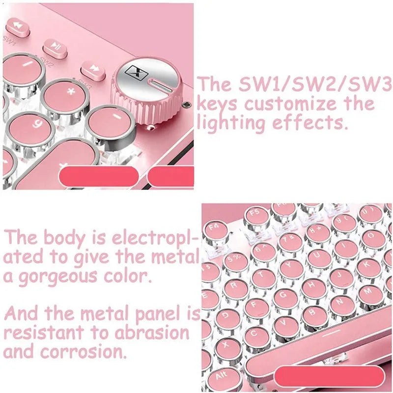 Silver pink mechanical keyboard with green switches and white backlighting