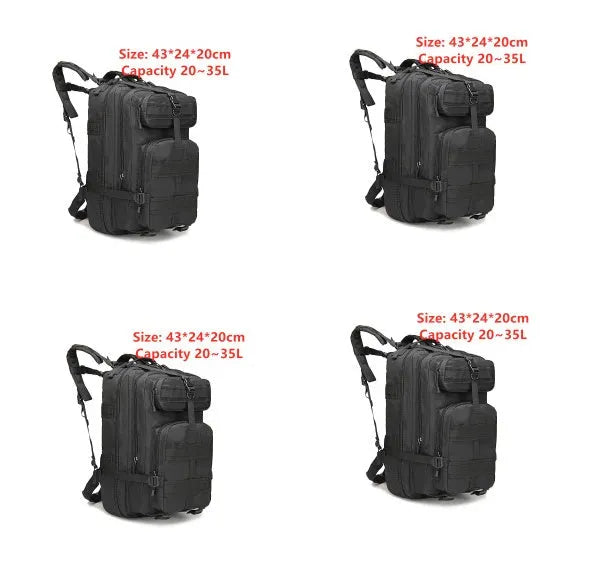 Tactical backpack 45L in camouflage or solid colours, waterproof Oxford cloth, double shoulder rucksack for hiking and camping.