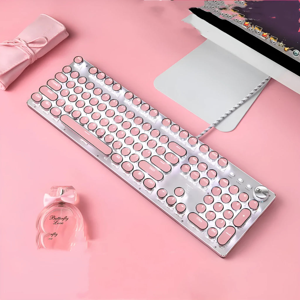 Silver pink mechanical keyboard with green switches and white backlighting