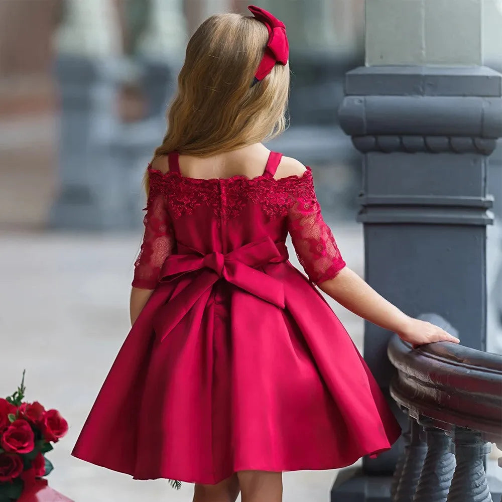 Girls lace-trimmed polyester dress available in dark red, green, pink, red and white colours