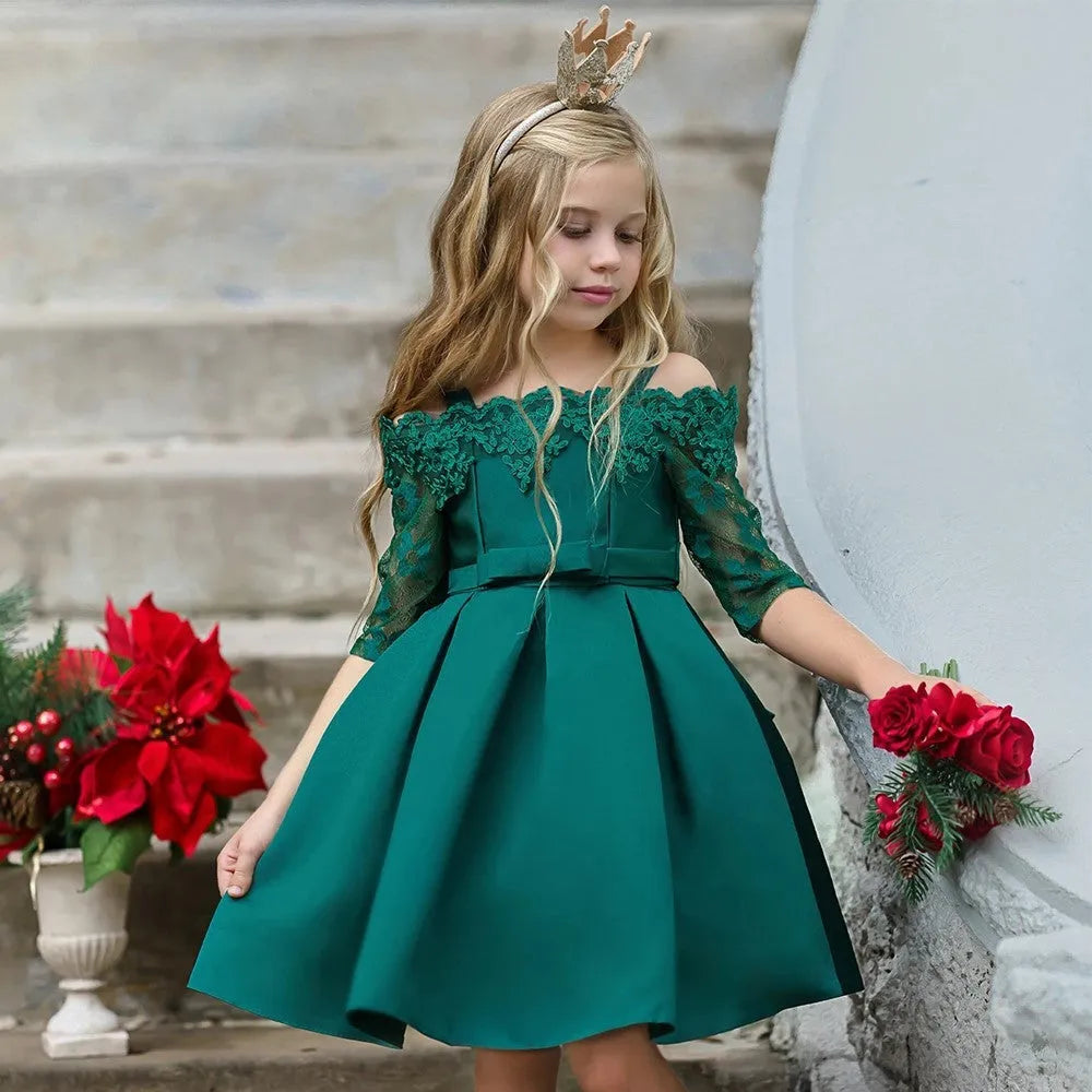 Girls lace-trimmed polyester dress available in dark red, green, pink, red and white colours