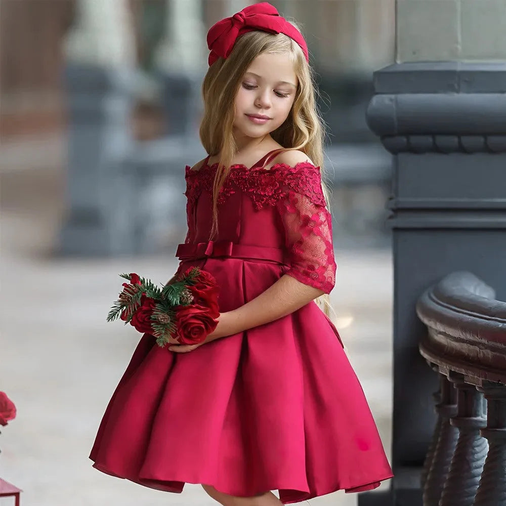 Girls lace-trimmed polyester dress available in dark red, green, pink, red and white colours