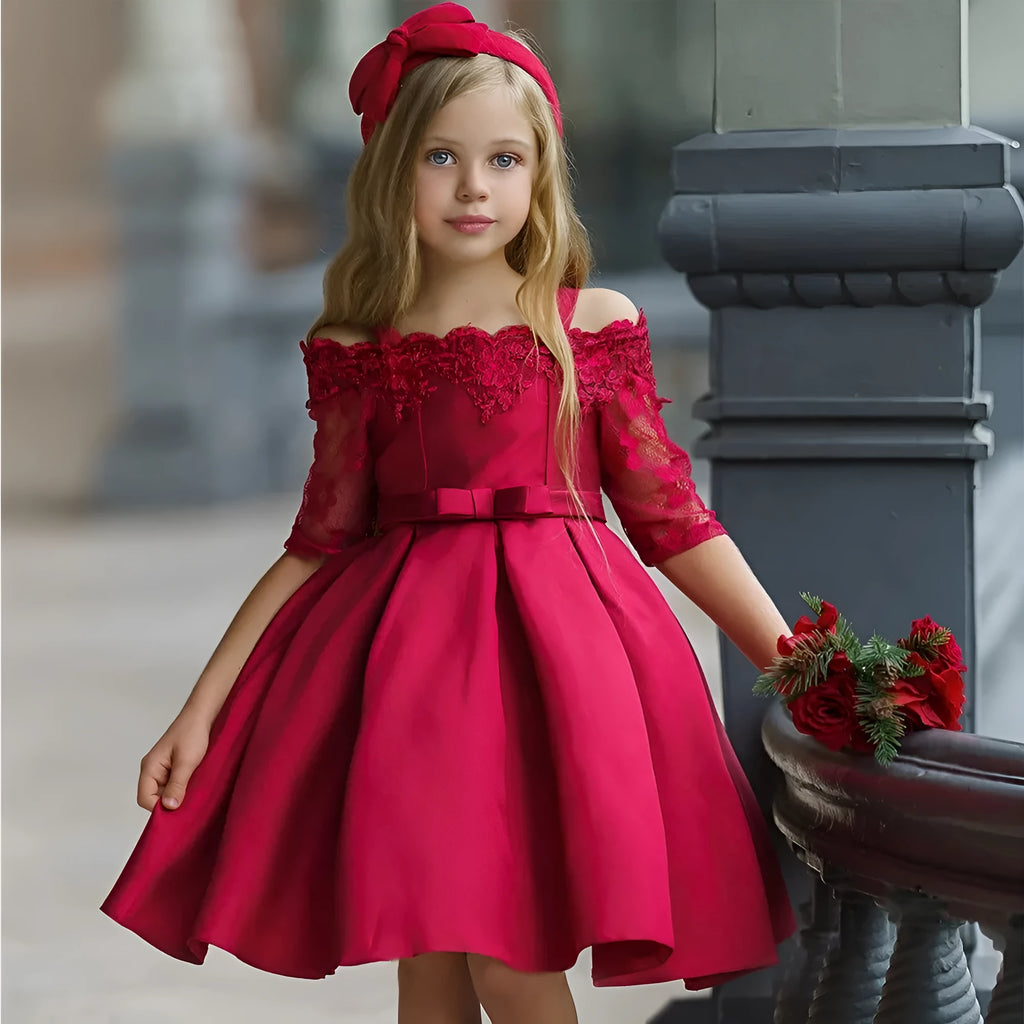 Girls lace-trimmed polyester dress available in dark red, green, pink, red and white colours