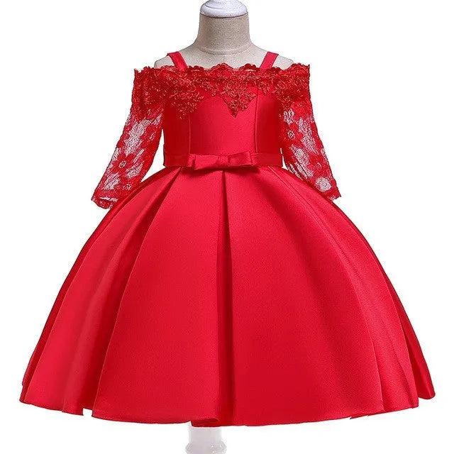 Girls lace-trimmed polyester dress available in dark red, green, pink, red and white colours